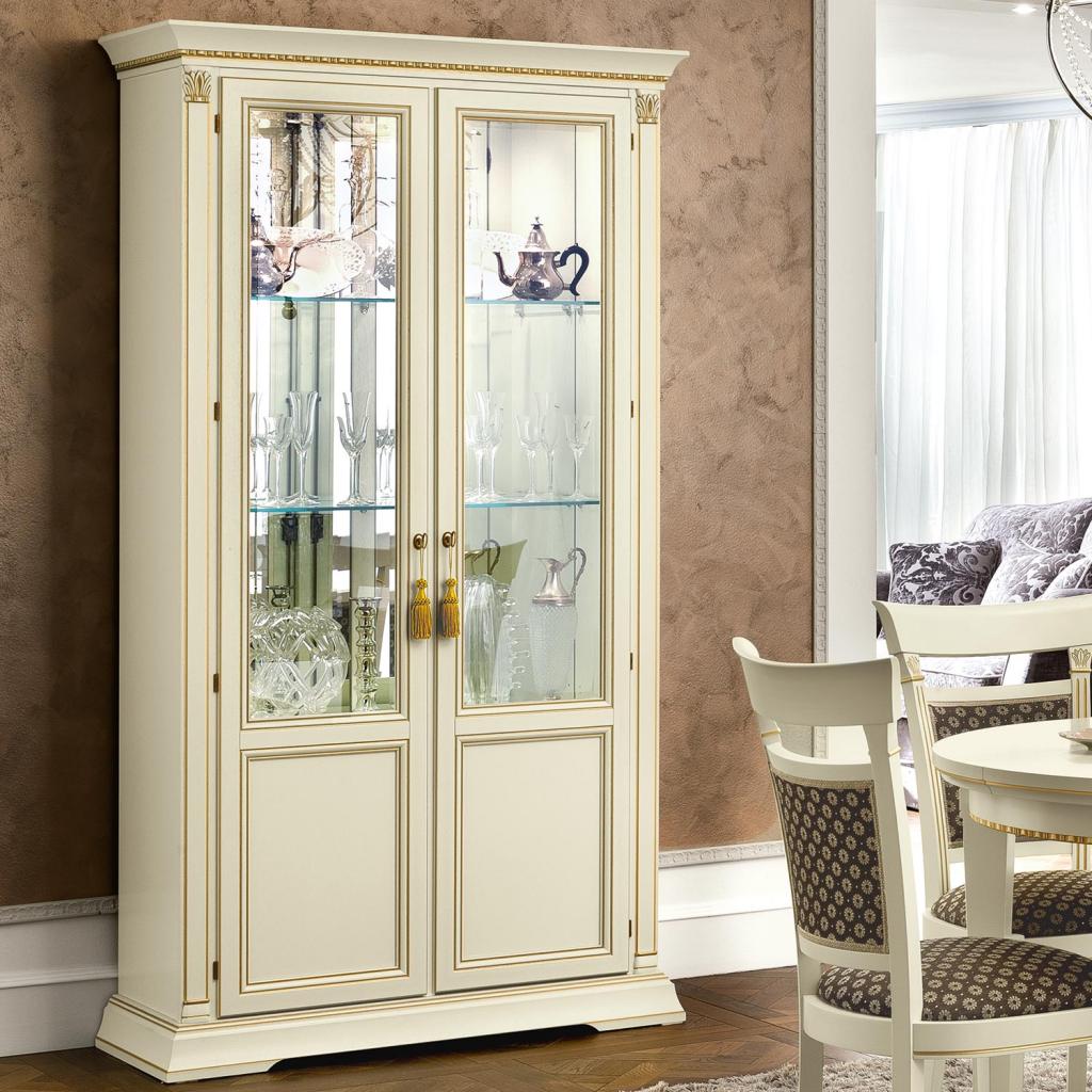 Treviso Ornate Ivory Ash Wood 2 Door Glass Display Cabinet