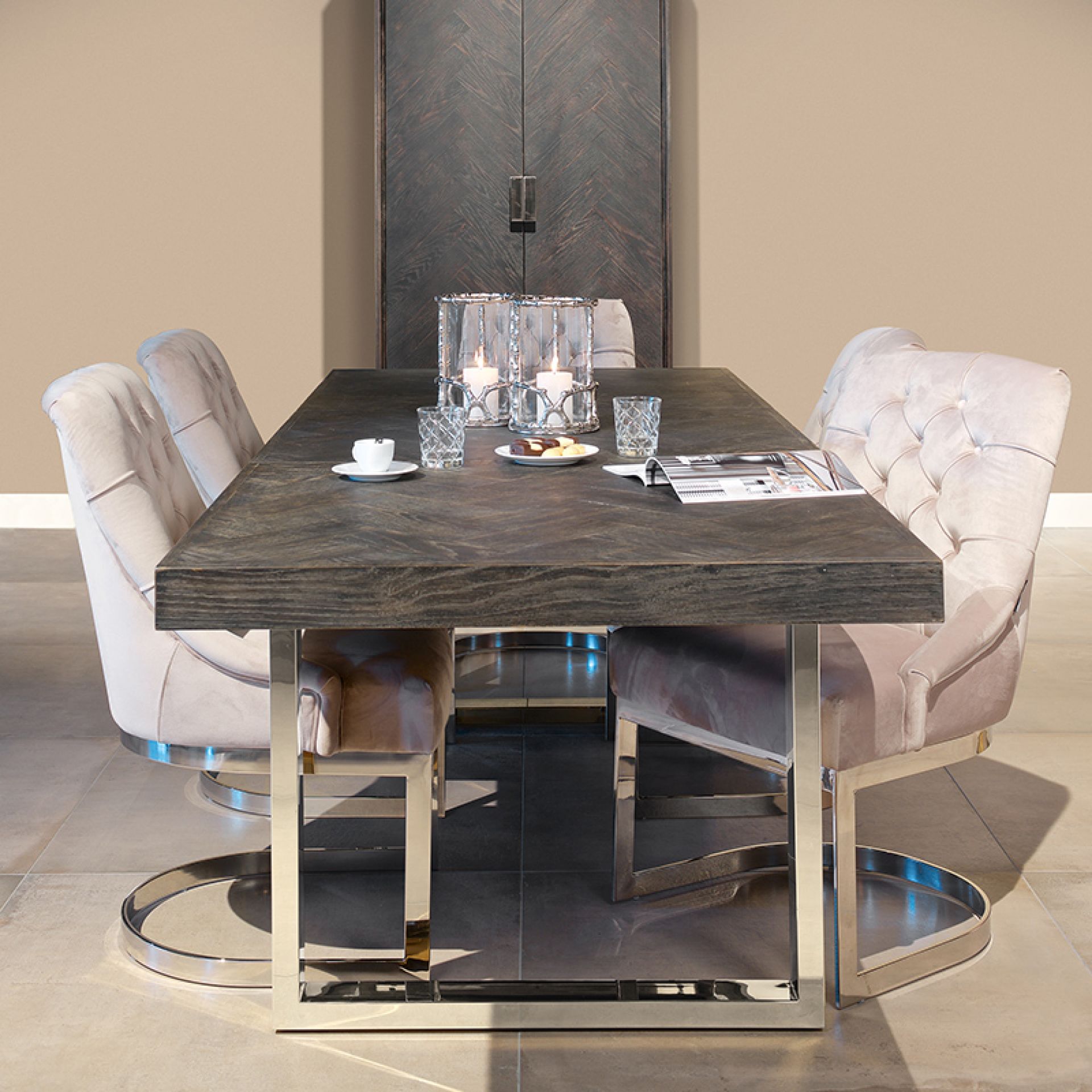 Bronwyn 2.2m Black Oak & Silver Dining Table