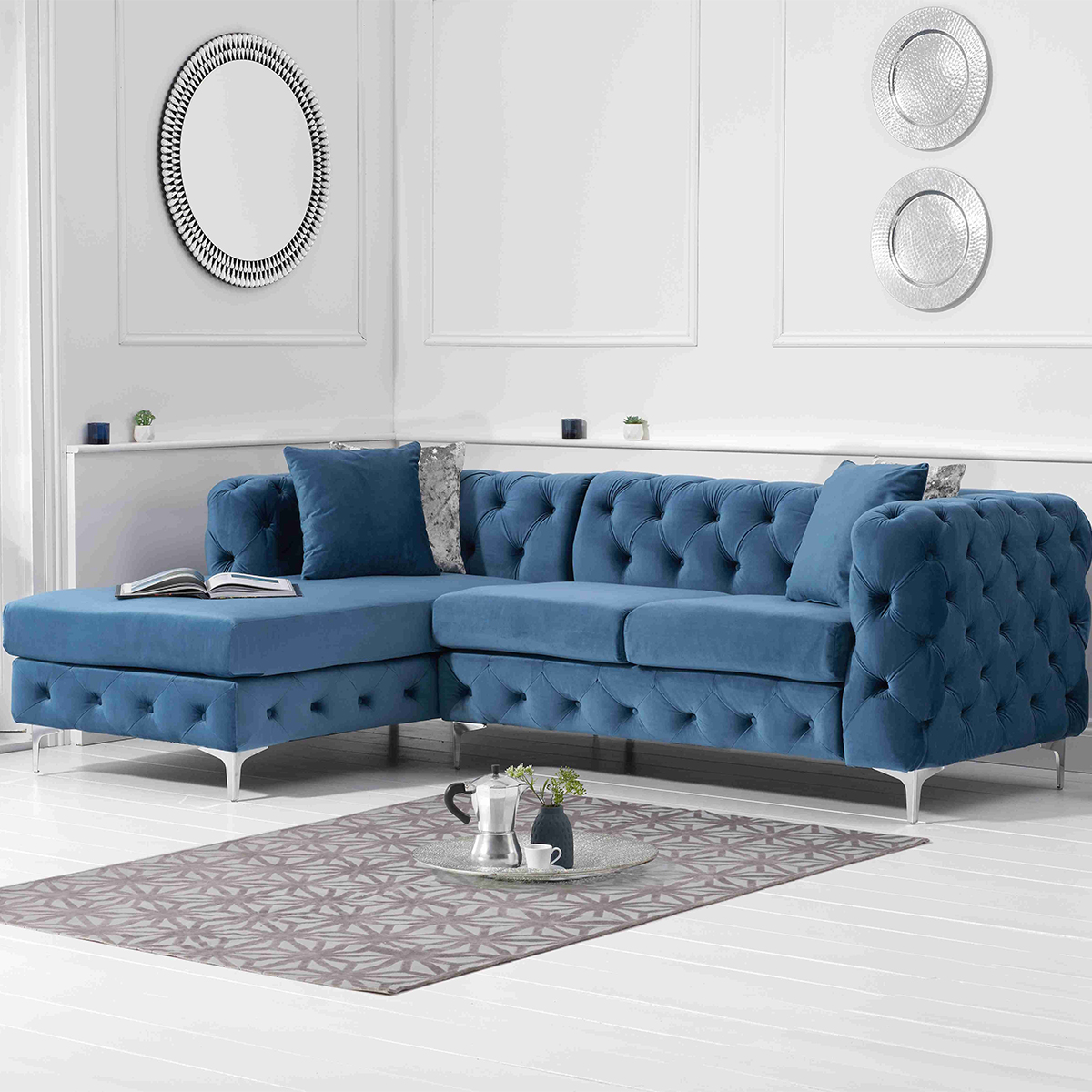 Brunel Blue Velvet Fabric Corner Sofa Chaise Left-side Facing