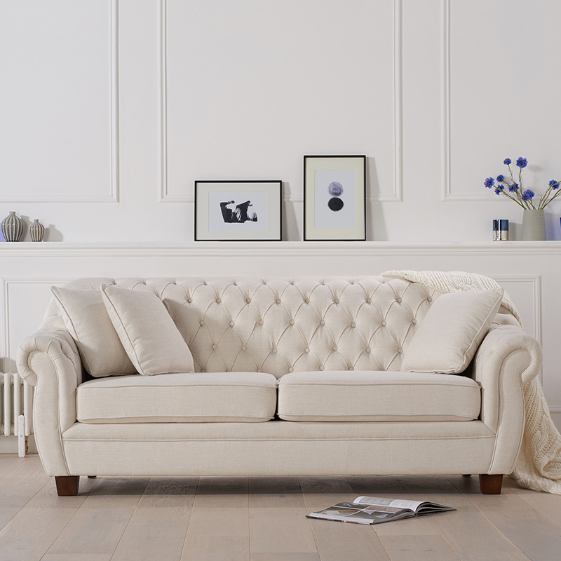 Liv Ivory Linen Chesterfield Three Seater Sofa