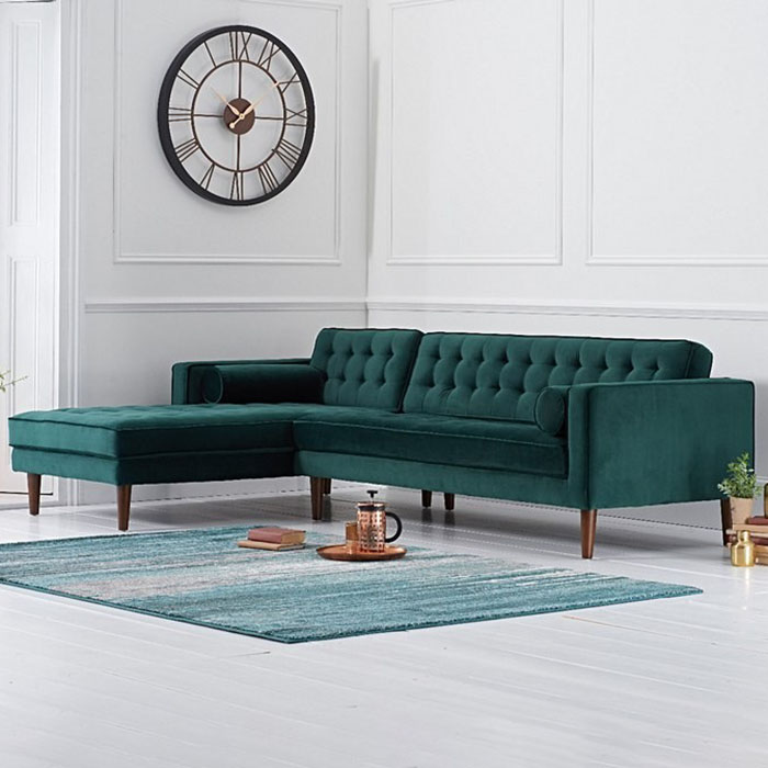 Idriana Green Velvet Buttoned Corner Sofa Chaise Left-side Facing