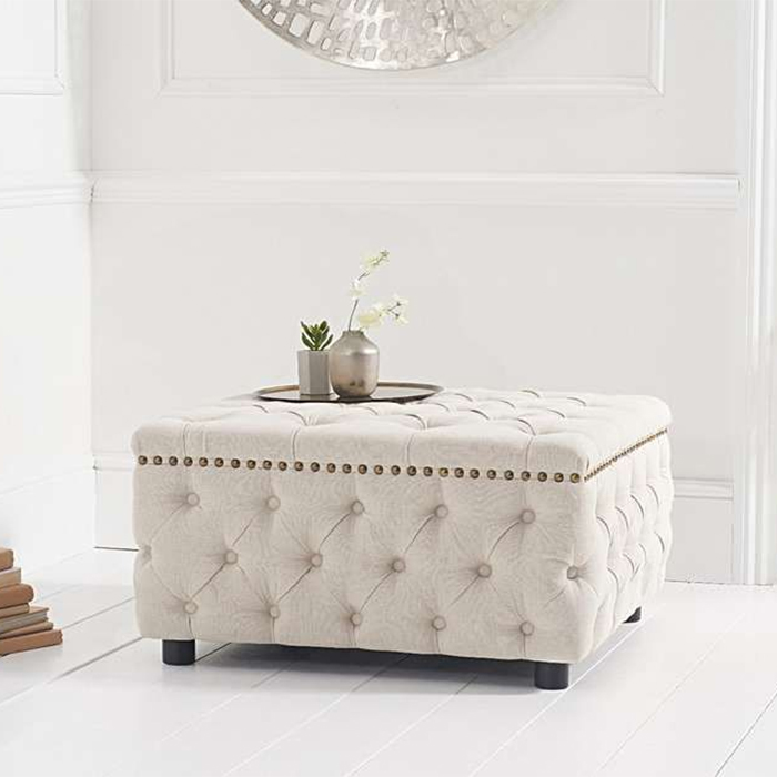 Fiona Ivory Linen Studded Buttoned Square Footstool