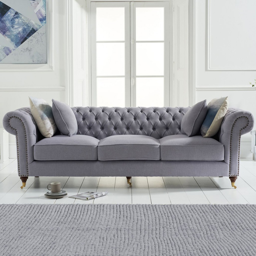 Camara Grey Linen Buttoned Studded 3 Seater Chesterfield Sofa