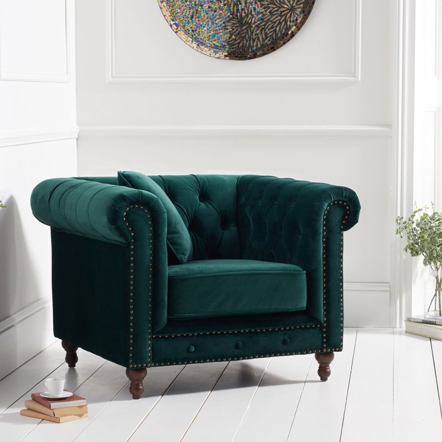 Montrose Green Plush Studded Buttoned Chesterfield Armchair