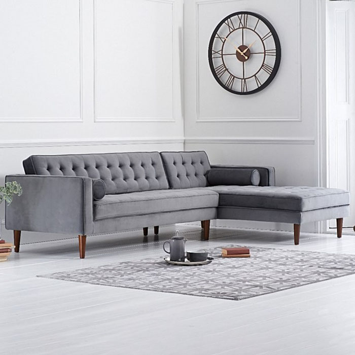Idriana Grey Velvet Buttoned Corner Sofa Chaise Right-side Facing