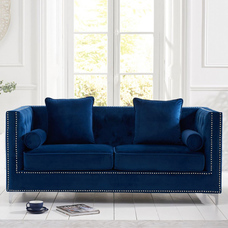 New England 3 Seater Blue Velvet Sofa