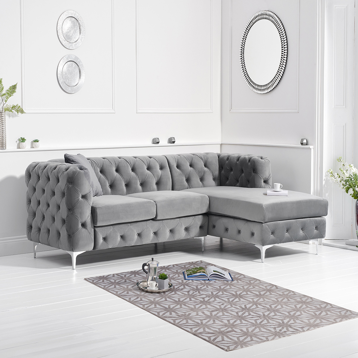 Brunel Grey Velvet Fabric Corner Sofa Chaise Right-side Facing