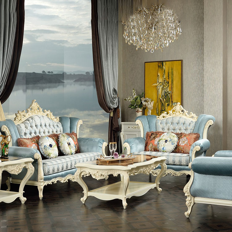 Medusa Blue Cream 3 2 1 Ornate Sofa Set, Ornate Living Room Furniture