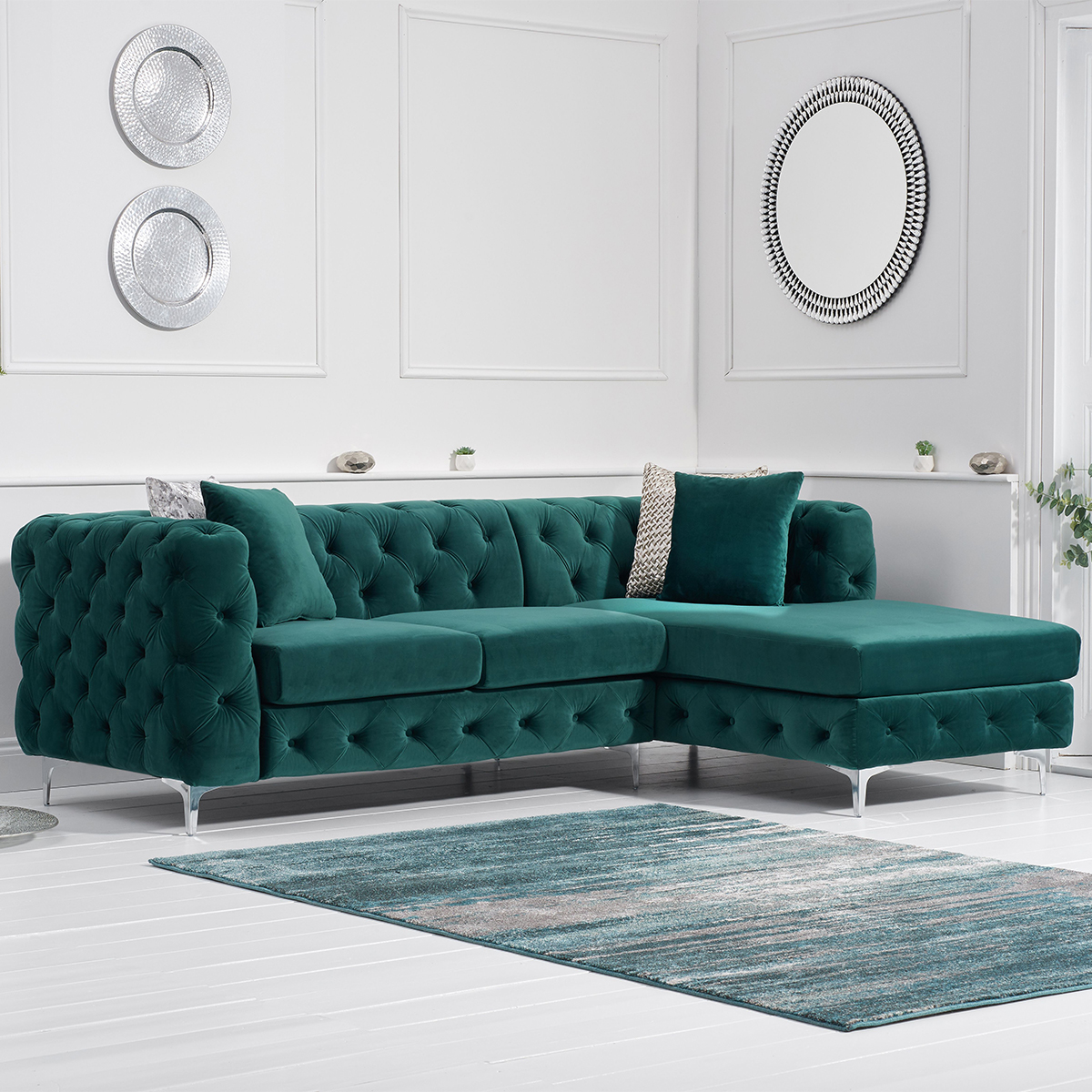 Brunel Green Velvet Fabric Corner Sofa Chaise Right-side Facing