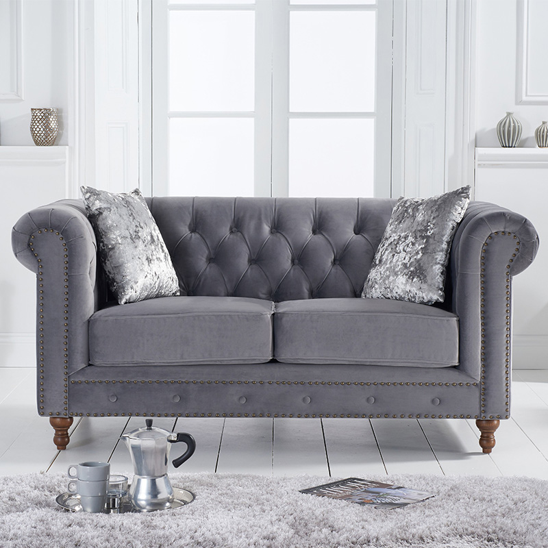 Montrose Grey Velvet Studded Buttoned 2 Seater Chesterfield Sofa