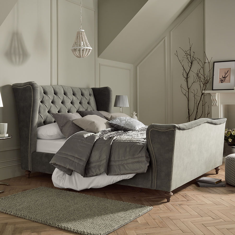 Vogue Sussex Slate Grey Velvet Upholstered Buttoned Winged Double Bed