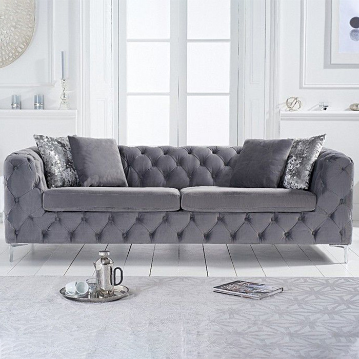 Aly 3 Seater Grey Velvet Buttoned Sofa