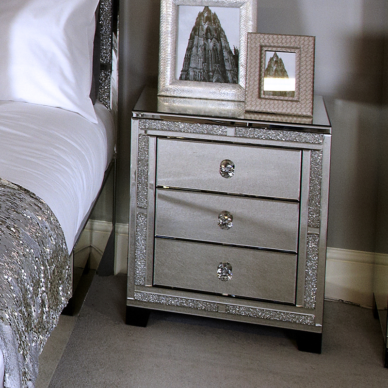 Madorra Mirrored Diamante 3 Drawer Bedside Cabinet