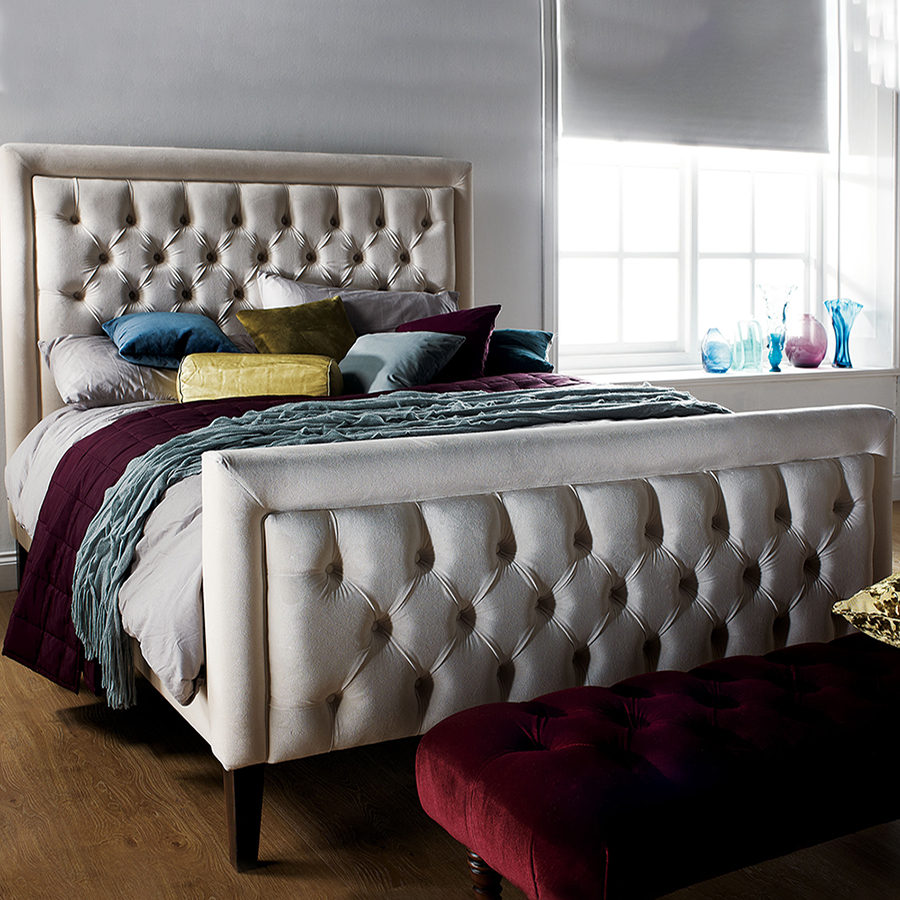 Vogue Hugo Mystic Ivory Velvet Upholstered Deep Buttoned Double Bed