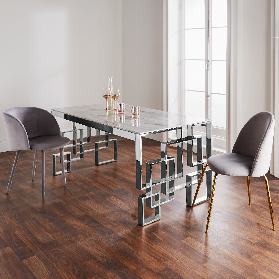 Orbit Dining Table with Oden Grey Velvet Chairs