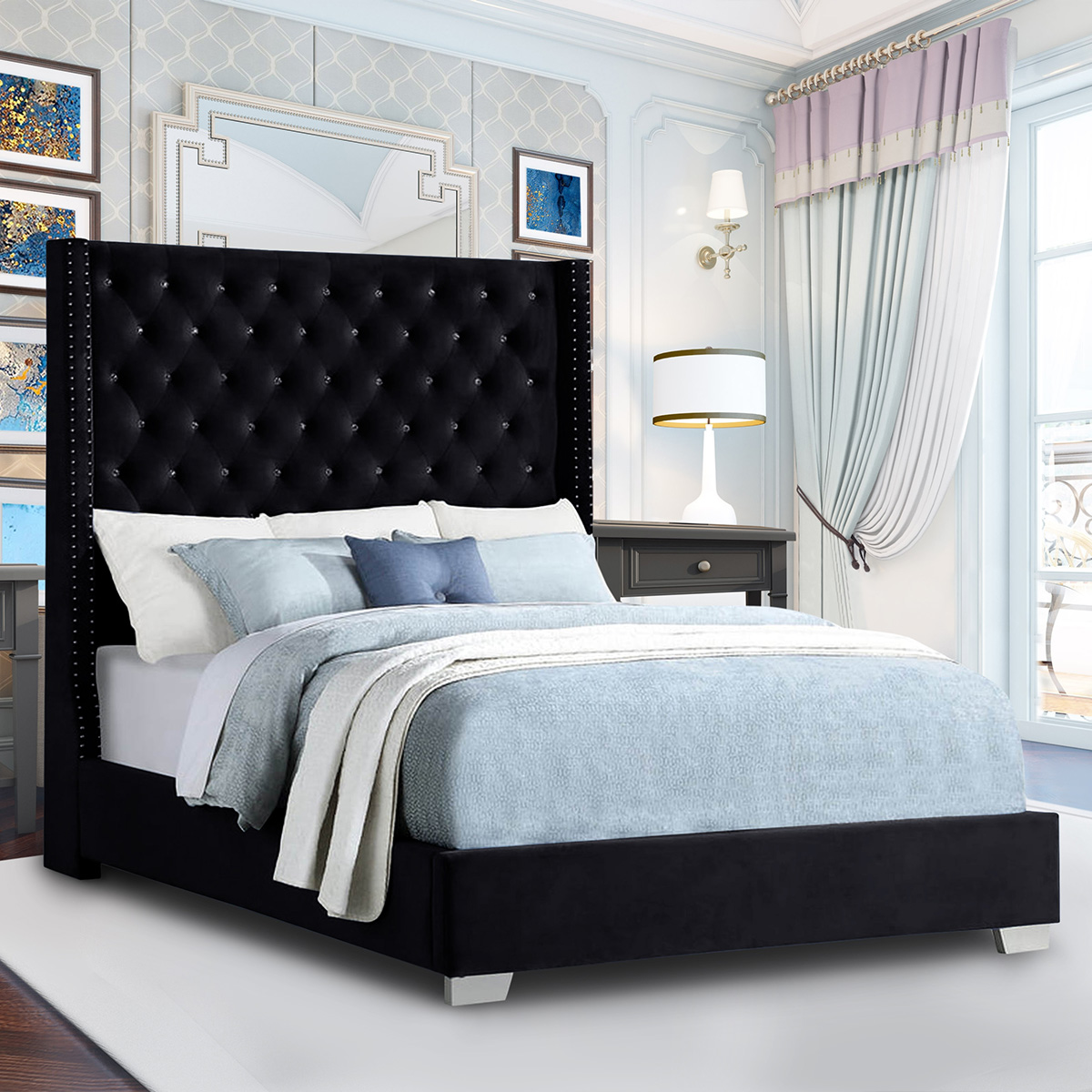 Neven 6ft Plush Black Velvet Buttoned Bed
