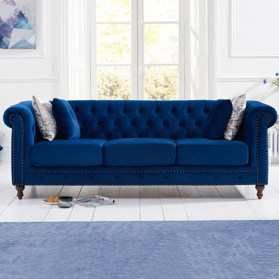 Montrose Blue Plush Studded Buttoned 3 Seater Chesterfield Sofa