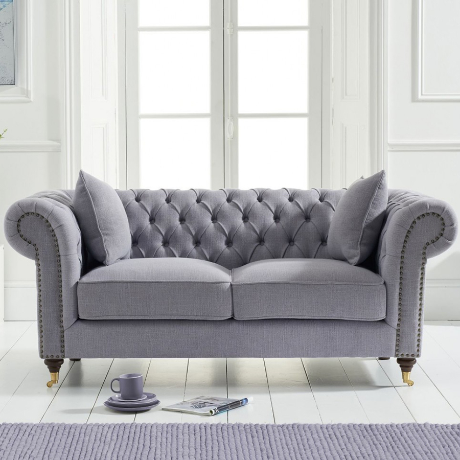 Camara Grey Linen Buttoned Studded 2 Seater Chesterfield Sofa