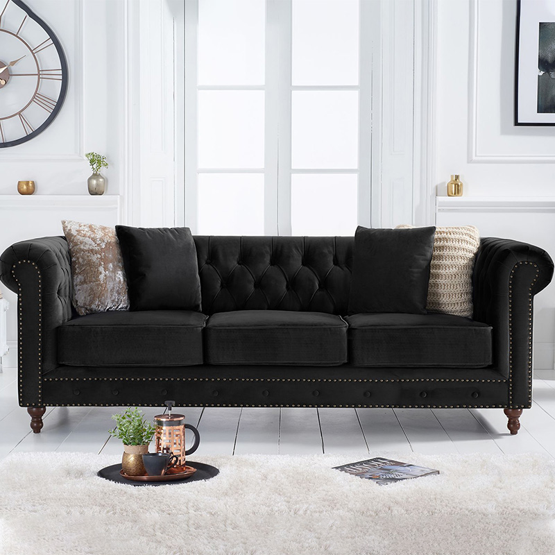 Montrose Black Velvet Studded Buttoned 3 Seater Chesterfield Sofa