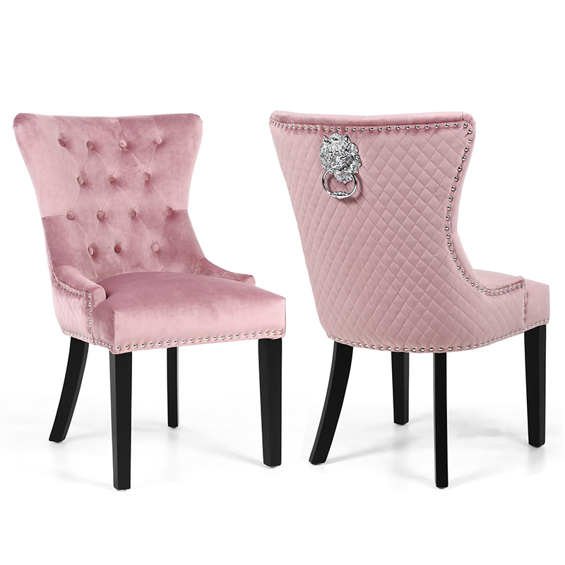 Warmiehomy Set of 2 Dining Chair Velvet Fabric High Back Upholstered Studded Seat Accent Armchair with Ring Knocker Wooden Legs for Kitchen Restaurant Bedroom Living Room Pink 