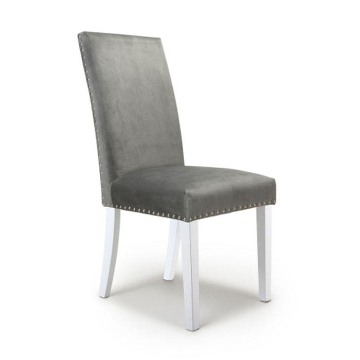 Reed Grey Brushed Velvet Studded Dining Chair (White Legs)