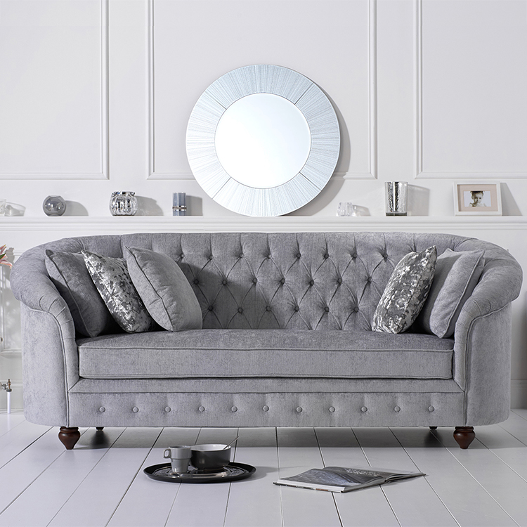 Casey Grey Plush 3 Seater Buttoned Curved Chesterfield Sofa