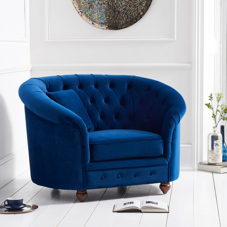 Casey Blue Plush Buttoned Curved Chesterfield Armchair