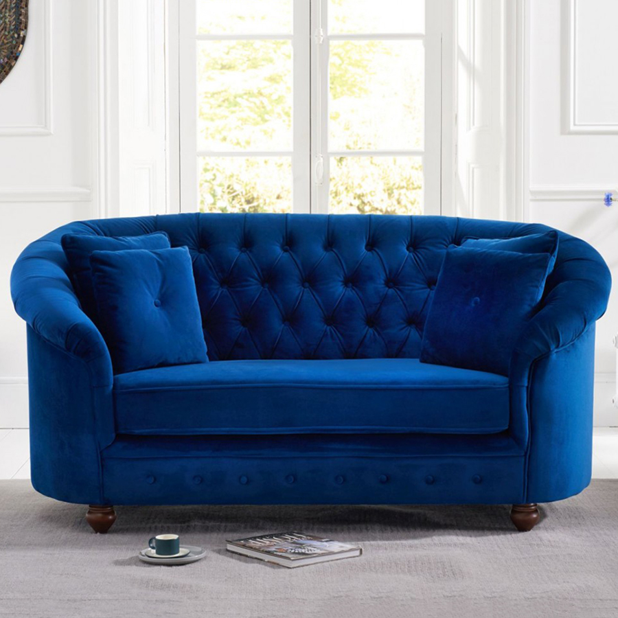 Casey Blue Plush 2 Seater Buttoned Curved Chesterfield Sofa