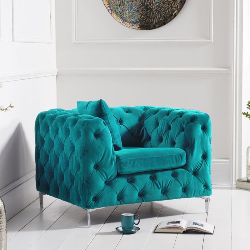 Aly Teal Plush Buttoned Armchair
