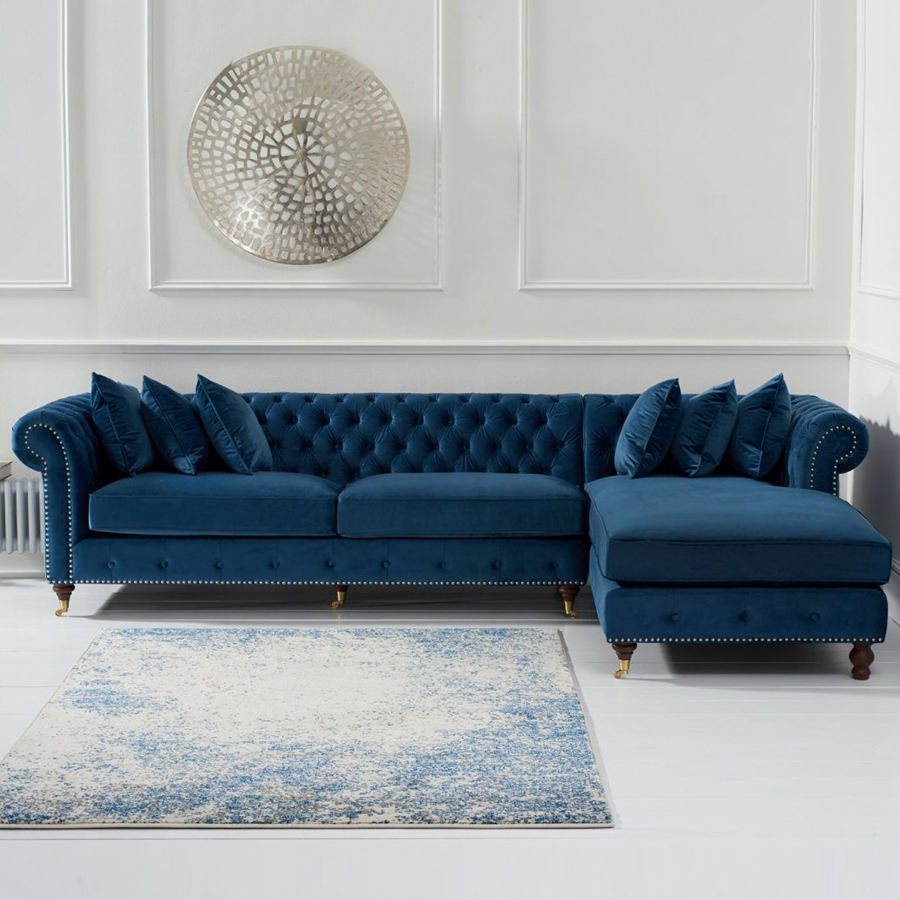 Fiona Blue Velvet Studded Buttoned Chesterfield Corner Sofa Right-side Facing
