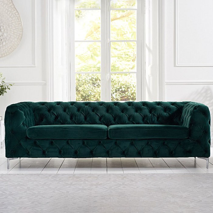 Aly 3 Seater Green Plush Buttoned Sofa