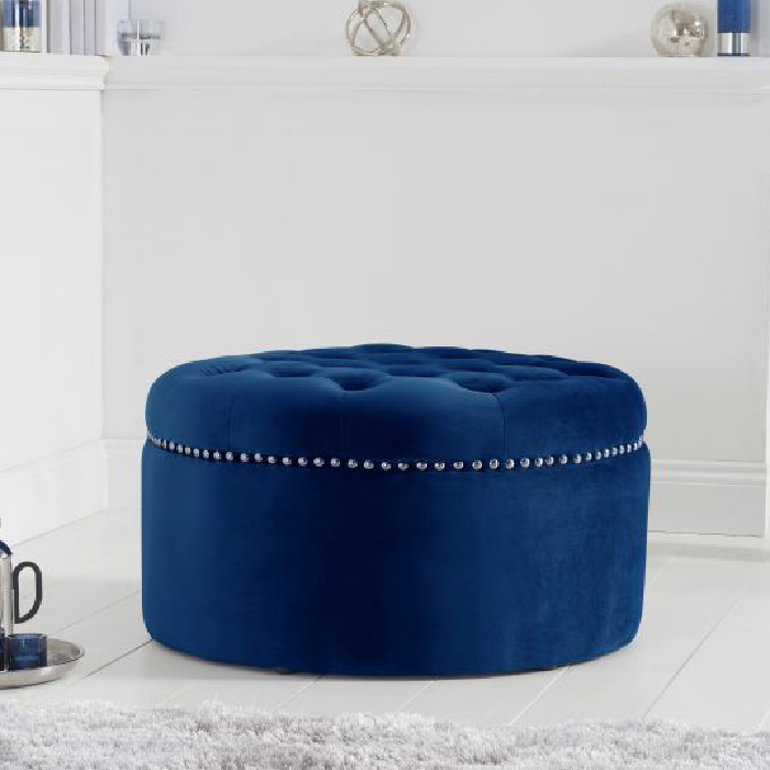 New England Blue Velvet Buttoned Studded Footstool
