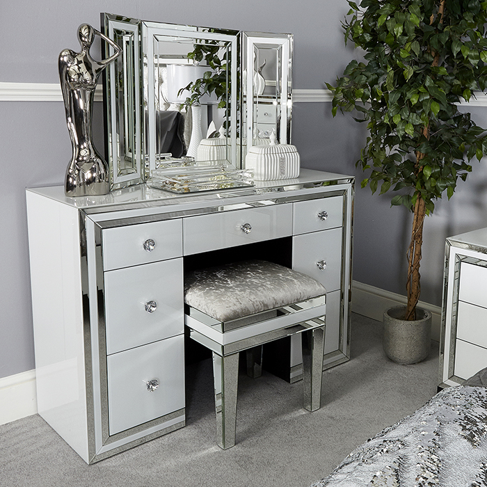 Merrick White Glass & Mirrored Diamante 7 Drawer Dressing Table