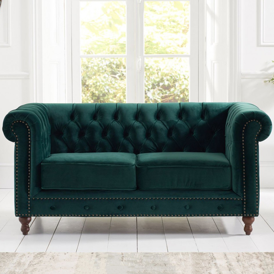 Montrose Green Plush Studded Buttoned 2 Seater Chesterfield Sofa