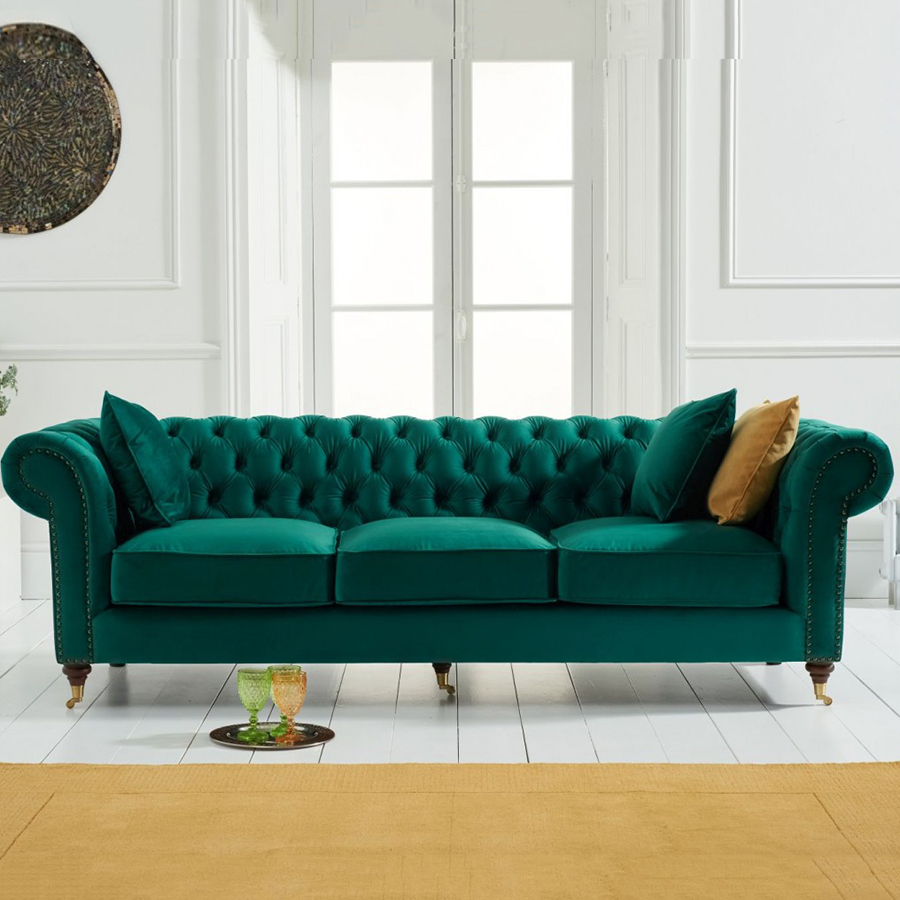 Camara Green Velvet Buttoned Studded 3 Seater Chesterfield Sofa