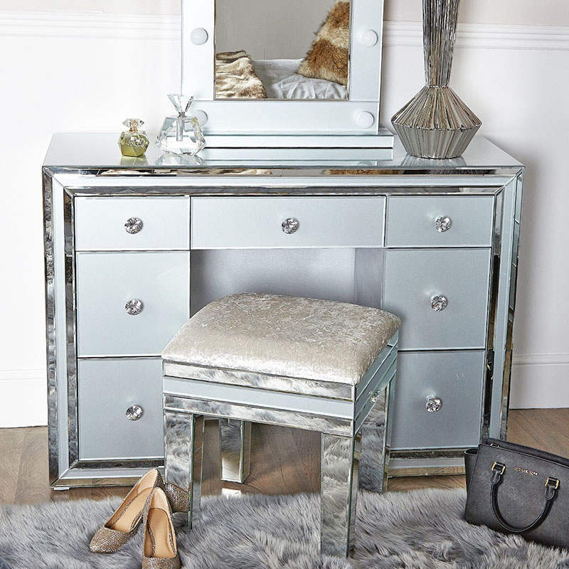 Merrick Grey Glass & Mirrored Diamante 7 Drawer Dressing Table