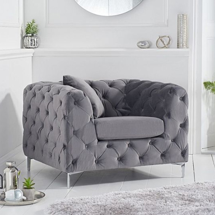 Aly Grey Velvet Buttoned Armchair