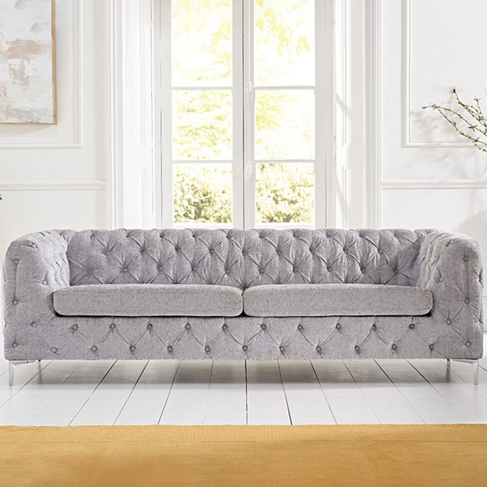 Aly 3 Seater Grey Plush Buttoned Sofa