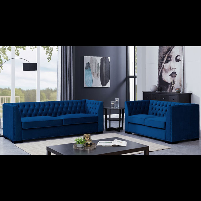 Chester Blue Velvet Studded 3+2 Sofa Set