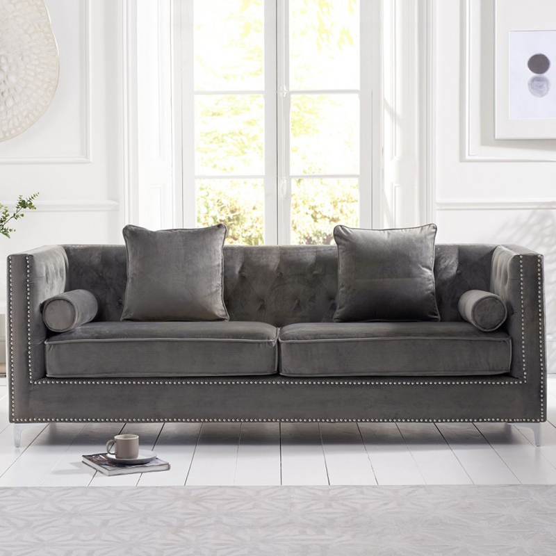 New England 4 Seater Grey Velvet Sofa