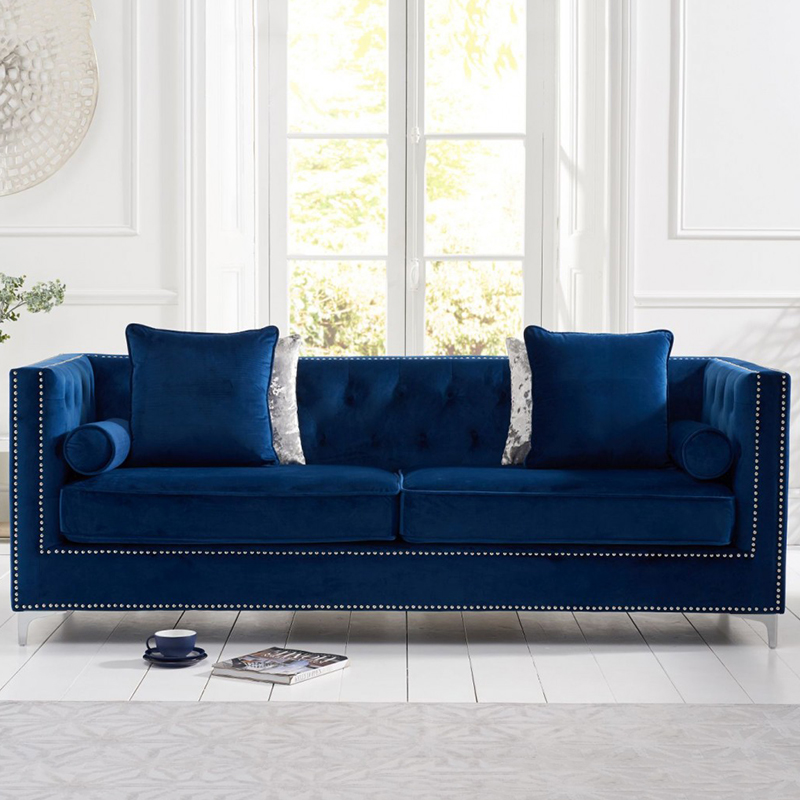 New England 4 Seater Blue Velvet Sofa