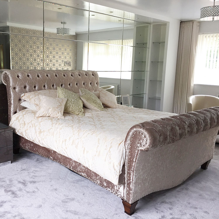Bespoke Leanna Buttoned or Diamante Studded Crushed Velvet Sleigh Bed (Various Options)