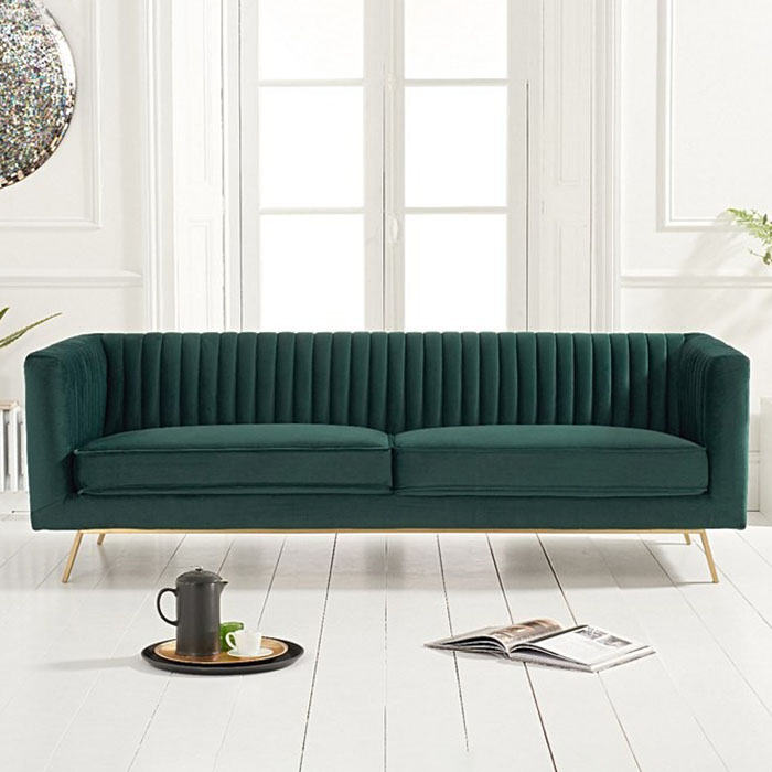 Dani 3 Seater Ribbed Green Velvet Sofa