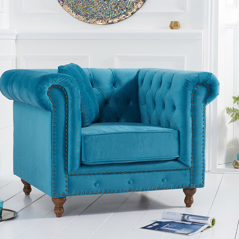 Montrose Teal Plush Studded Buttoned Chesterfield Armchair