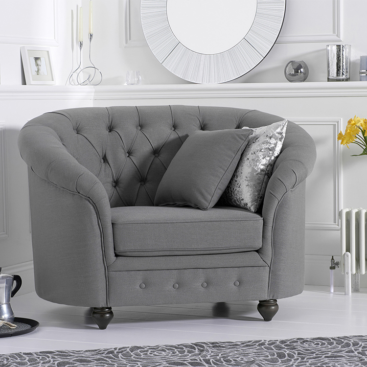 Casey Grey Linen Buttoned Curved Chesterfield Armchair 
