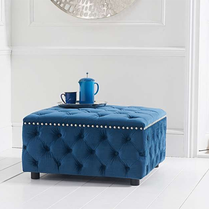 Fiona Blue Velvet Studded Buttoned Square Footstool