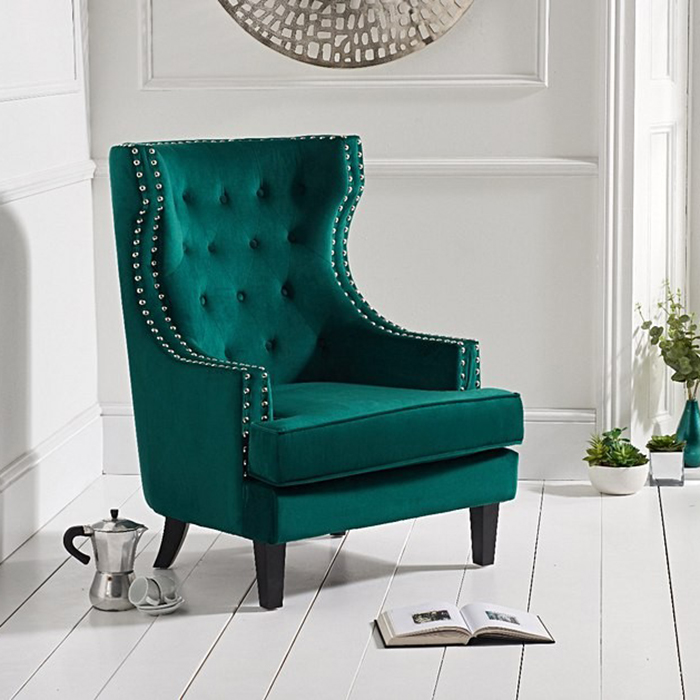 Porvan Green Velvet Buttoned Studded Wing Back Armchair