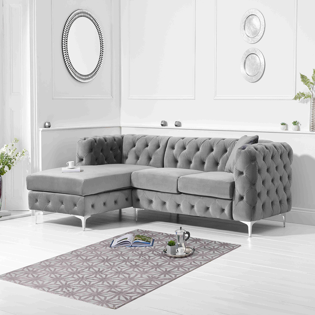 Brunel Grey Velvet Fabric Corner Sofa Chaise Left-side Facing