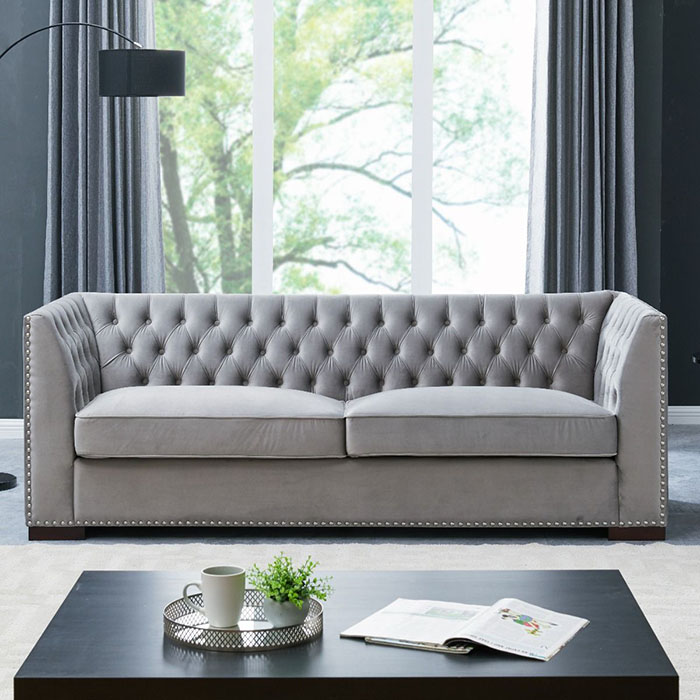 Chester Grey Velvet Studded 3 Seater Sofa