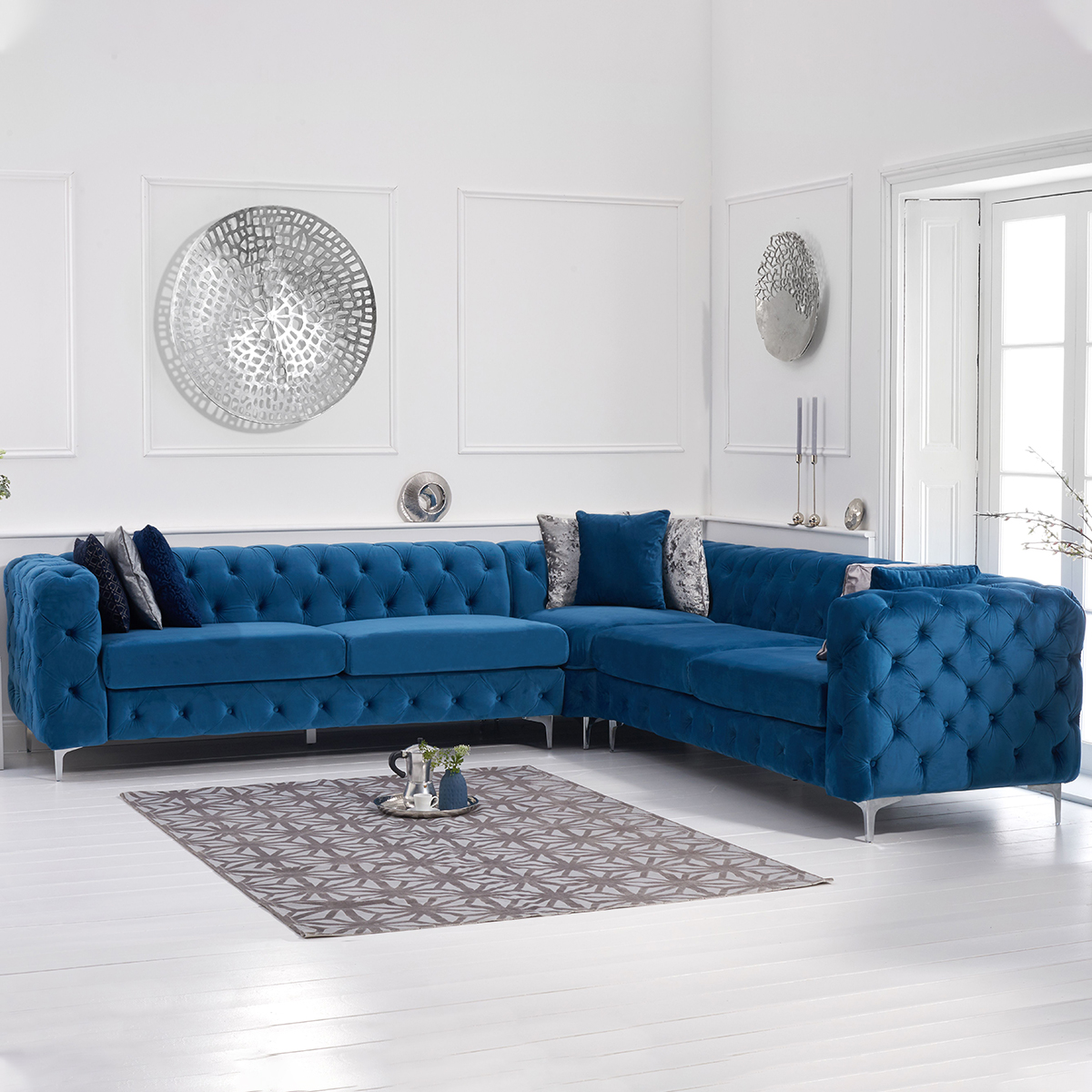 Brunel Blue Velvet Fabric Corner Sofa